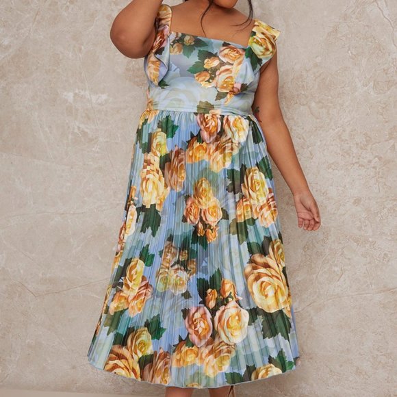 Chi Chi London Blue Plus Size Floral Print Ruffle Dress - Picture 1 of 8